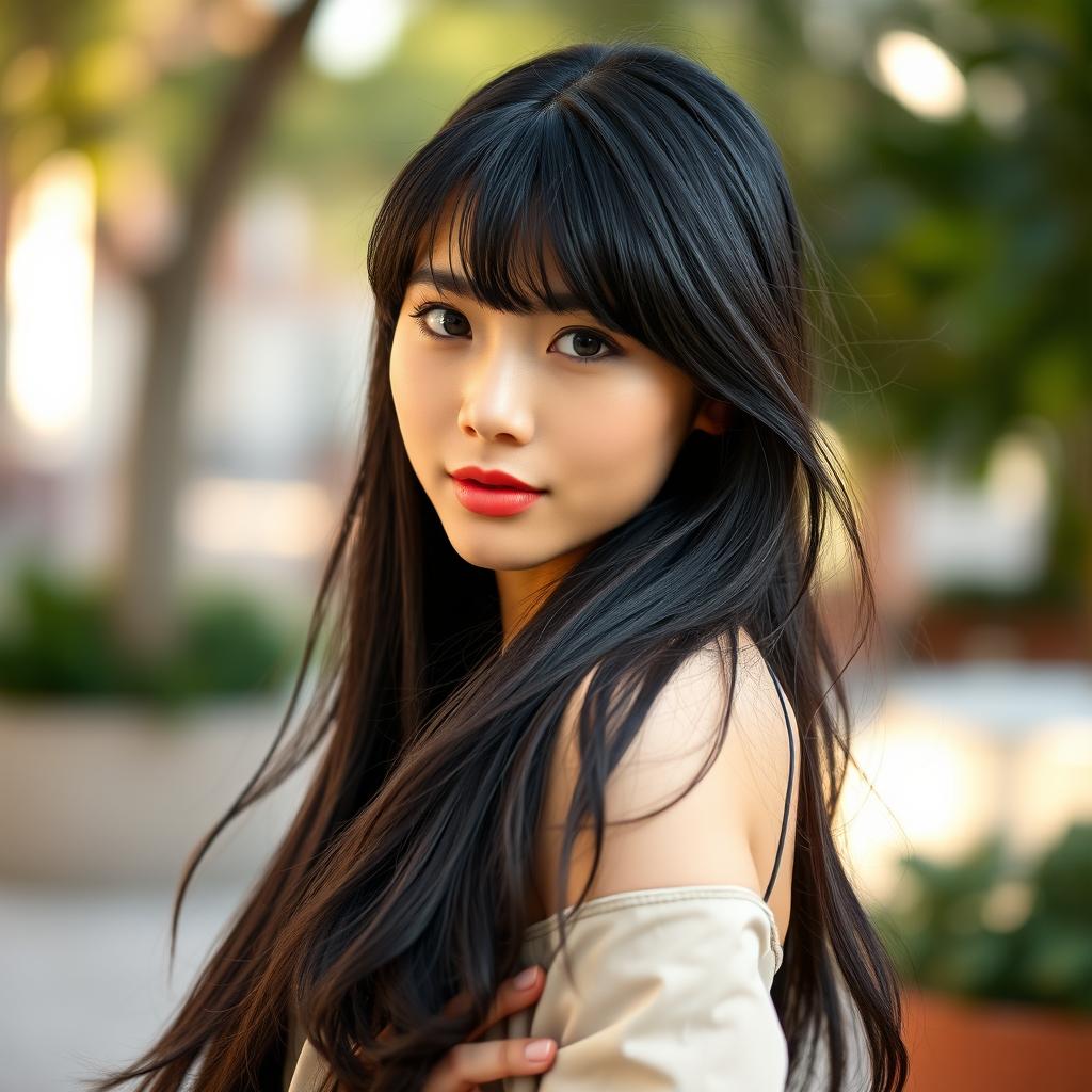 A sophisticated young woman with long, flowing black hair styled with bangs, featuring a lighter skin tone that highlights her refined facial features