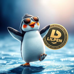 A cute penguin wearing stylish sunglasses, joyfully dancing on a shiny ice surface