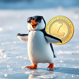 A cute penguin wearing stylish sunglasses, joyfully dancing on a shiny ice surface