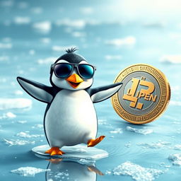 A cute penguin wearing stylish sunglasses, joyfully dancing on a shiny ice surface