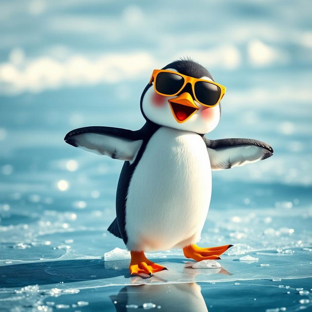A cute penguin wearing stylish sunglasses, joyfully dancing on a shiny ice surface