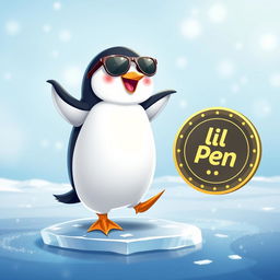 A cute penguin wearing sunglasses and dancing on ice, exuding joy and charm