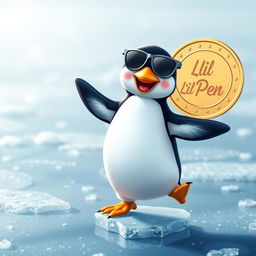 A cute penguin wearing sunglasses and dancing on ice, exuding joy and charm