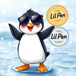 A cute penguin wearing sunglasses and dancing on ice, exuding joy and charm