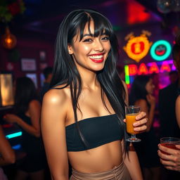A natural and elegant young woman with long, flowing black hair styled with bangs and a lighter skin tone that highlights her refined facial features