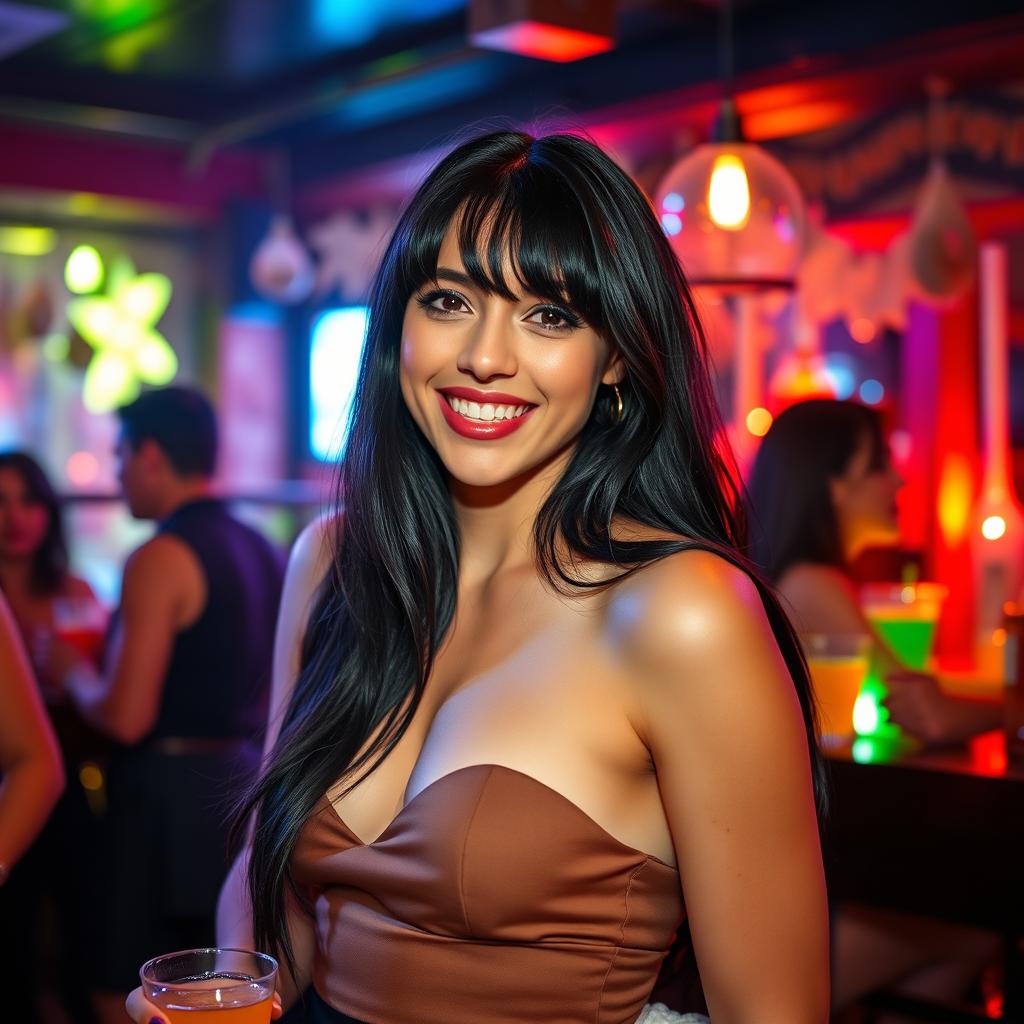 A natural and elegant young woman with long, flowing black hair styled with bangs and a lighter skin tone that highlights her refined facial features