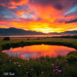 A visually captivating outdoor scene featuring a serene landscape, with a vibrant sunset casting warm hues across the sky