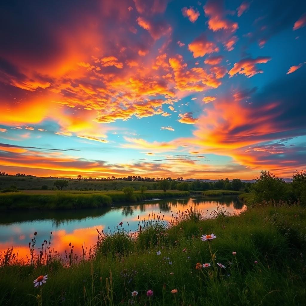 A visually captivating outdoor scene featuring a serene landscape, with a vibrant sunset casting warm hues across the sky
