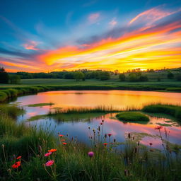 A visually captivating outdoor scene featuring a serene landscape, with a vibrant sunset casting warm hues across the sky