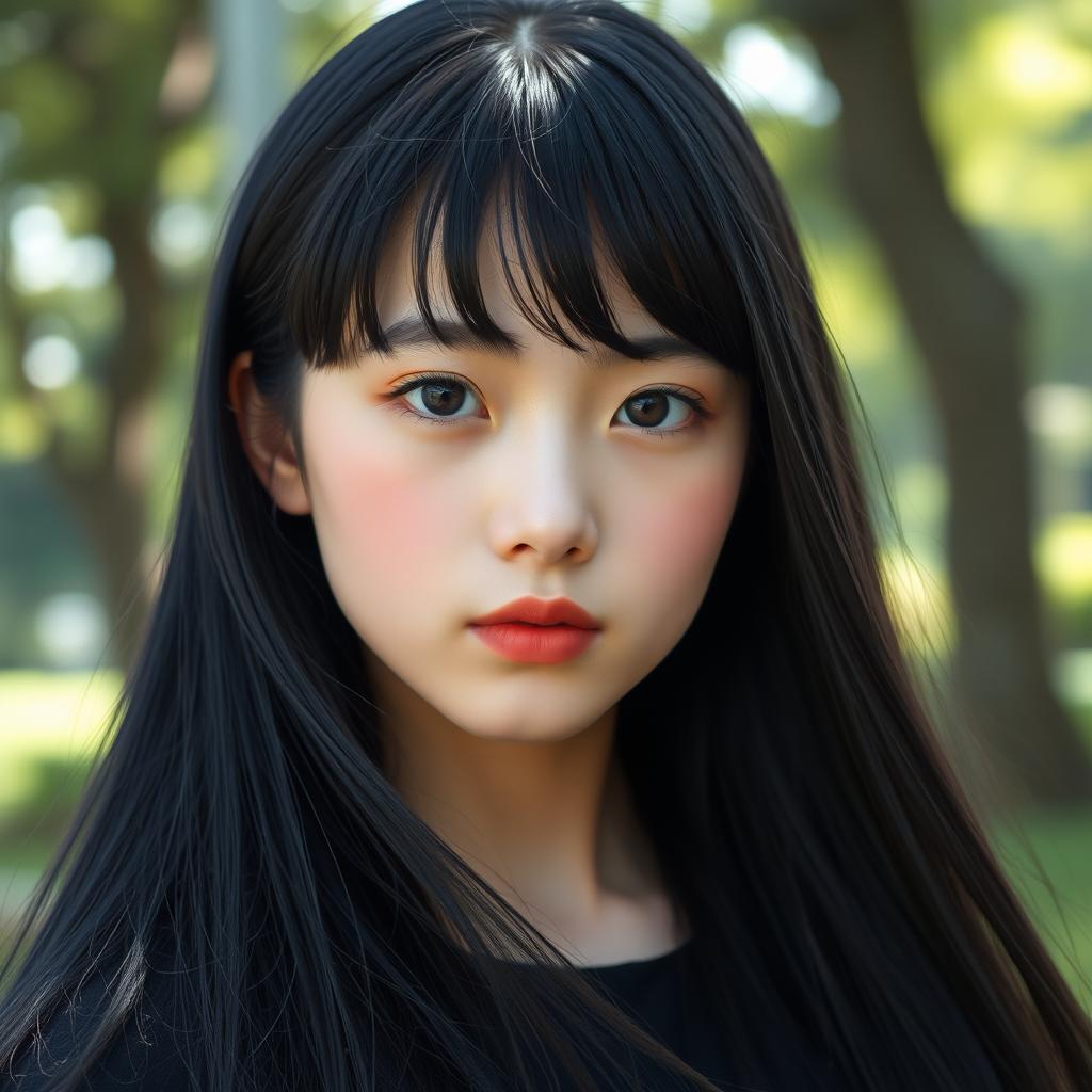 A youthful and elegant girl with ultra long, flowing black hair styled with bangs