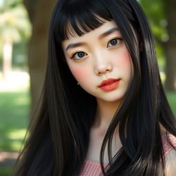 A youthful and elegant girl with ultra long, flowing black hair styled with bangs