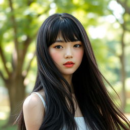 A youthful and elegant girl with ultra long, flowing black hair styled with bangs