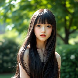 A youthful and elegant girl with ultra long, flowing black hair styled with bangs