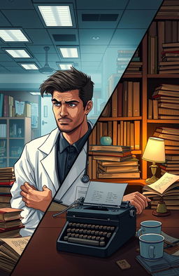 A captivating scene illustrating the story of a doctor and a writer, the doctor is depicted in a modern, bustling hospital environment, wearing a white coat and stethoscope, with a sense of urgency in his expression as he examines a patient