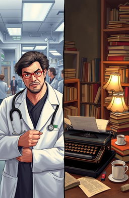 A captivating scene illustrating the story of a doctor and a writer, the doctor is depicted in a modern, bustling hospital environment, wearing a white coat and stethoscope, with a sense of urgency in his expression as he examines a patient