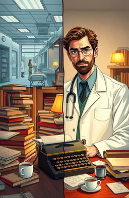 A captivating scene illustrating the story of a doctor and a writer, the doctor is depicted in a modern, bustling hospital environment, wearing a white coat and stethoscope, with a sense of urgency in his expression as he examines a patient