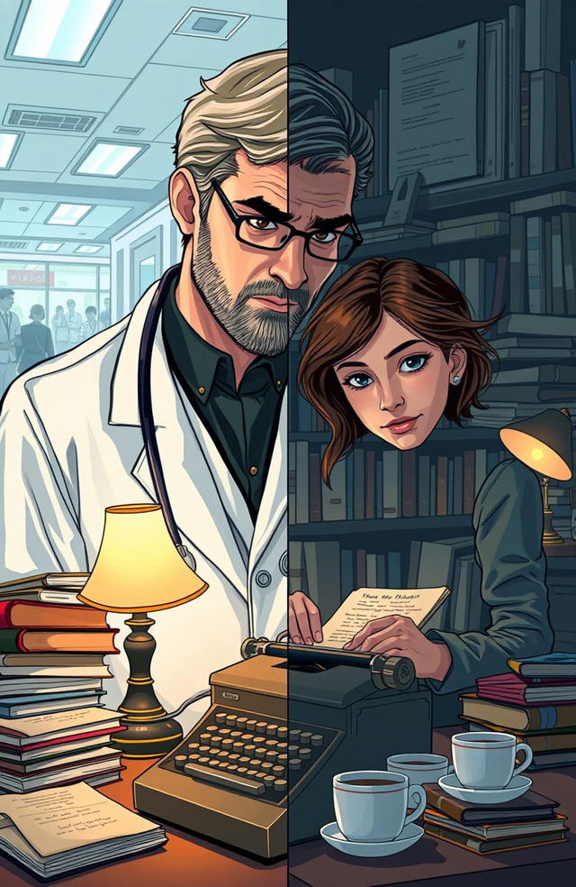 A captivating scene illustrating the story of a doctor and a writer, the doctor is depicted in a modern, bustling hospital environment, wearing a white coat and stethoscope, with a sense of urgency in his expression as he examines a patient