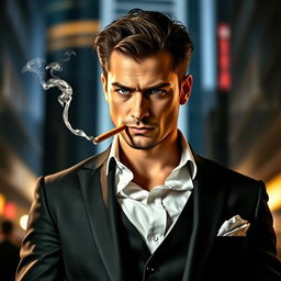 A confident man in a sleek business suit, standing with a cigarette stylishly hanging from his mouth