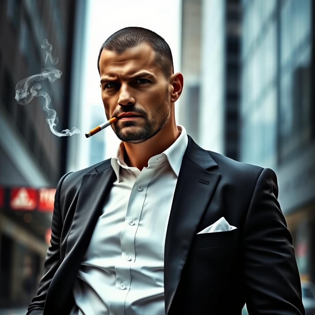A confident man in a sleek business suit, standing with a cigarette stylishly hanging from his mouth