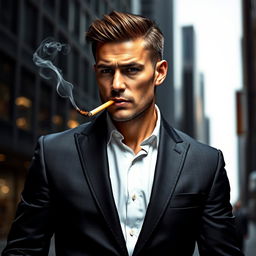 A confident man in a sleek business suit, standing with a cigarette stylishly hanging from his mouth
