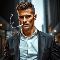 A confident man in a sleek business suit, standing with a cigarette stylishly hanging from his mouth