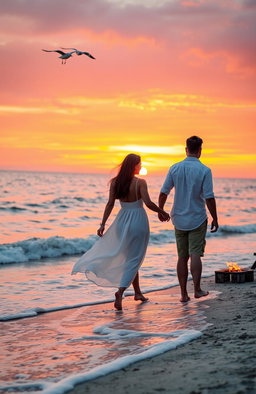 A romantic scene by the sea during sunset, featuring a couple holding hands while walking along the shoreline