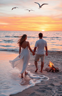 A romantic scene by the sea during sunset, featuring a couple holding hands while walking along the shoreline