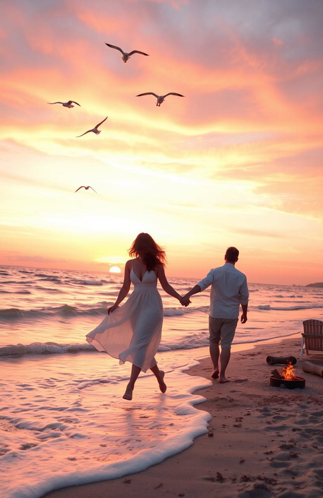A romantic scene by the sea during sunset, featuring a couple holding hands while walking along the shoreline