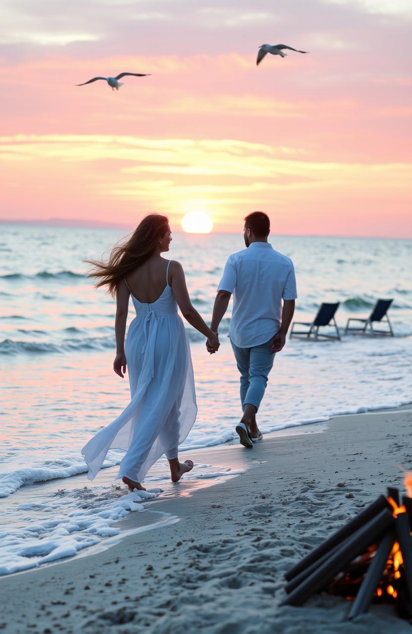 A romantic scene by the sea during sunset, featuring a couple holding hands while walking along the shoreline