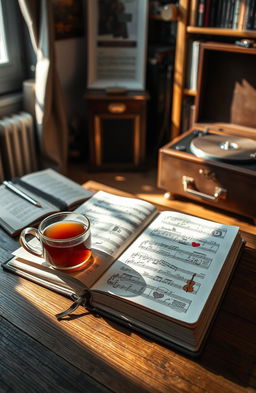 A close-up view of an elegant music practice journal resting on a wooden table, showcasing beautifully handwritten musical notes and doodles