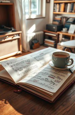 A close-up view of an elegant music practice journal resting on a wooden table, showcasing beautifully handwritten musical notes and doodles