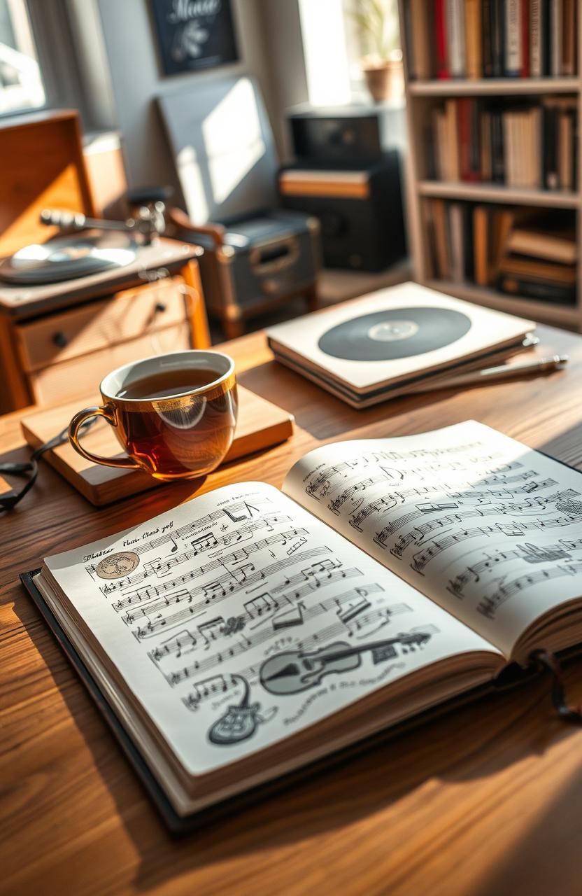A close-up view of an elegant music practice journal resting on a wooden table, showcasing beautifully handwritten musical notes and doodles