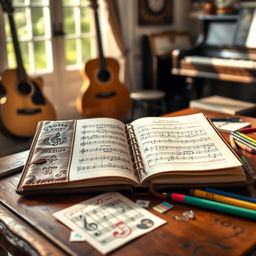 A beautifully designed music practice journal resting on a vintage wooden table