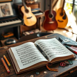 A beautifully designed music practice journal resting on a vintage wooden table