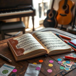 A beautifully designed music practice journal resting on a vintage wooden table