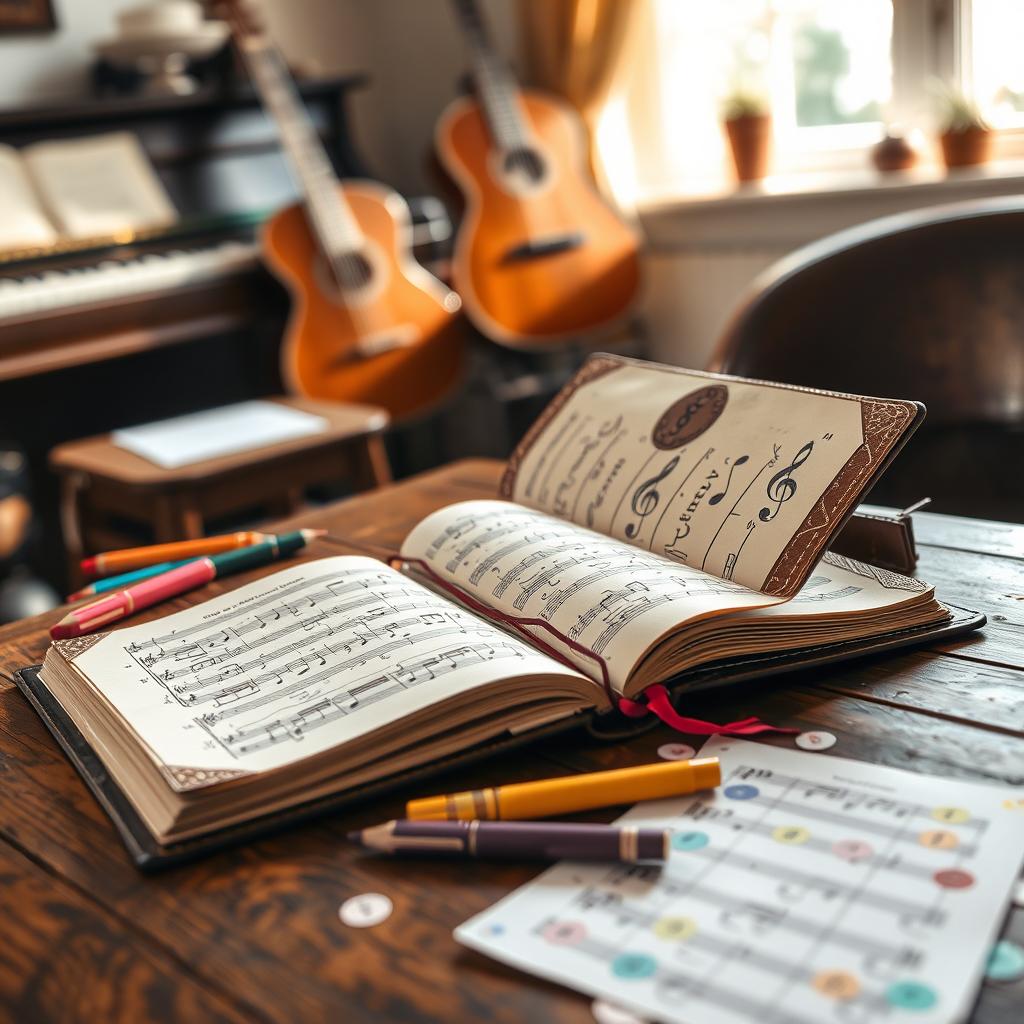 A beautifully designed music practice journal resting on a vintage wooden table