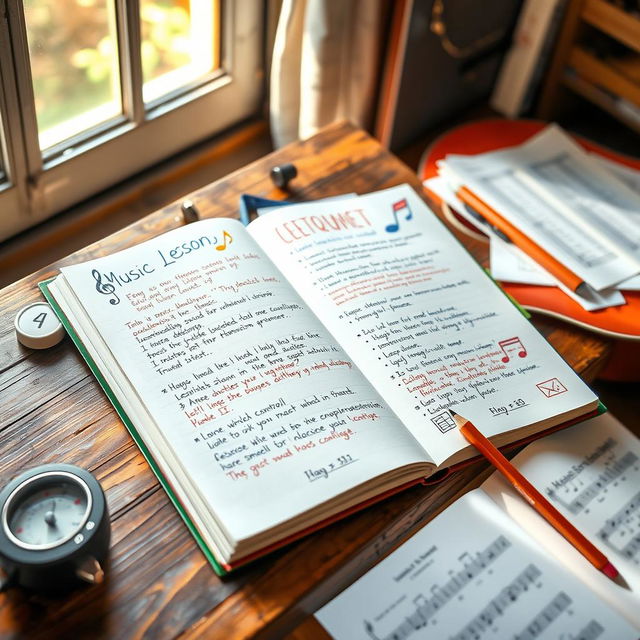 A vibrant music lesson journal placed open on a rustic wooden desk
