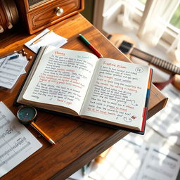 A vibrant music lesson journal placed open on a rustic wooden desk
