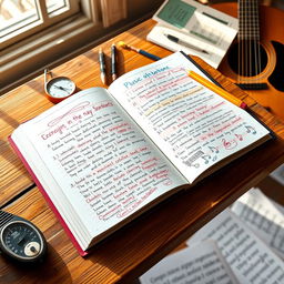 A vibrant music lesson journal placed open on a rustic wooden desk