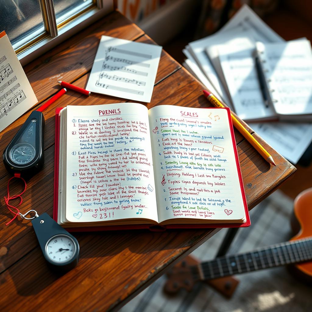 A vibrant music lesson journal placed open on a rustic wooden desk