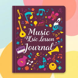 The cover design of a music lesson journal book, featuring a colorful and artistic depiction of various musical elements