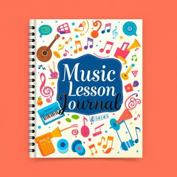 The cover design of a music lesson journal book, featuring a colorful and artistic depiction of various musical elements