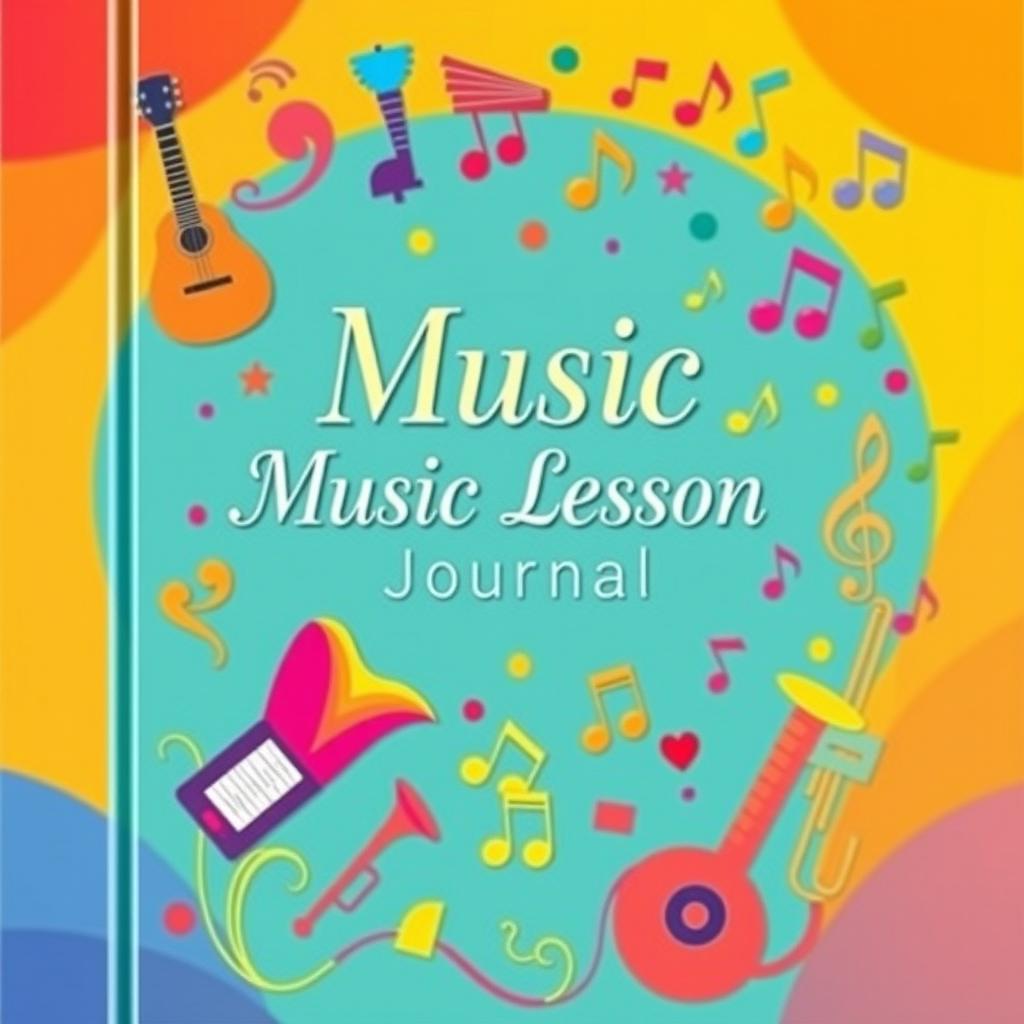 The cover design of a music lesson journal book, featuring a colorful and artistic depiction of various musical elements