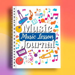 The cover design of a music lesson journal book, featuring a colorful and artistic depiction of various musical elements