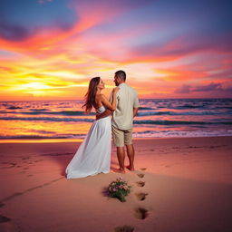 A romantic scene set in a vibrant sunset at a beach, where a couple is holding each other while gazing into the horizon