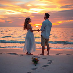 A romantic scene set in a vibrant sunset at a beach, where a couple is holding each other while gazing into the horizon