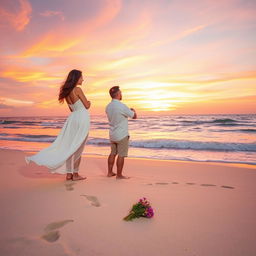 A romantic scene set in a vibrant sunset at a beach, where a couple is holding each other while gazing into the horizon