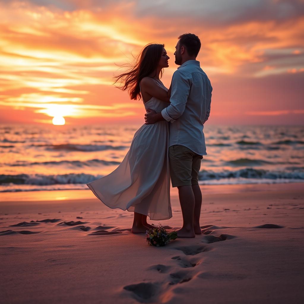 A romantic scene set in a vibrant sunset at a beach, where a couple is holding each other while gazing into the horizon