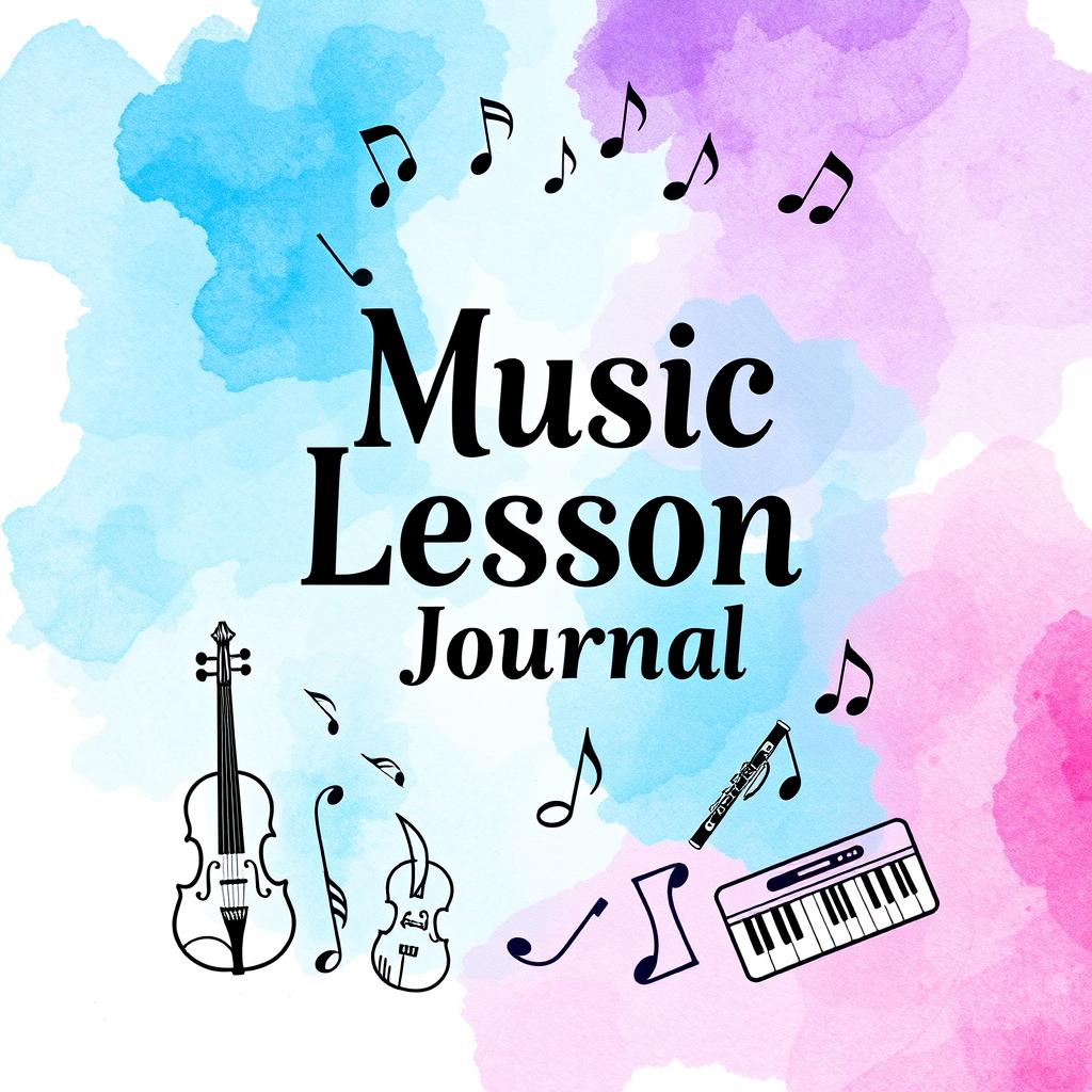 An eye-catching book cover design for a music lesson journal titled 'Music Lesson Journal'