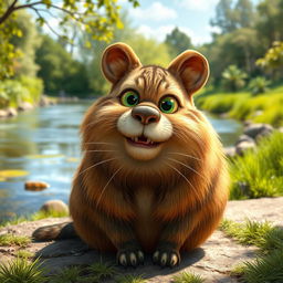 A whimsical fusion of a cat and a capybara, featuring a charming creature with a rounded body resembling a capybara and the playful facial features of a cat
